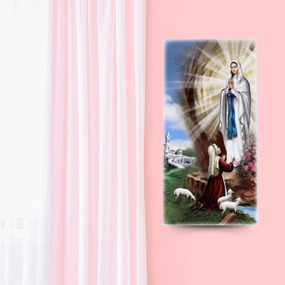 Quadro in legno Madonna di Lourdes con dettagli argentati. Dimensione 18x36 cm