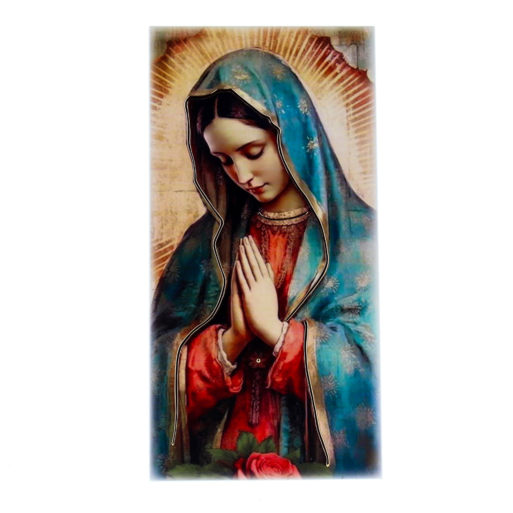 Quadro in legno Madonna di Guadalupe con dettagli dorati. Dimensione 18x36 cm