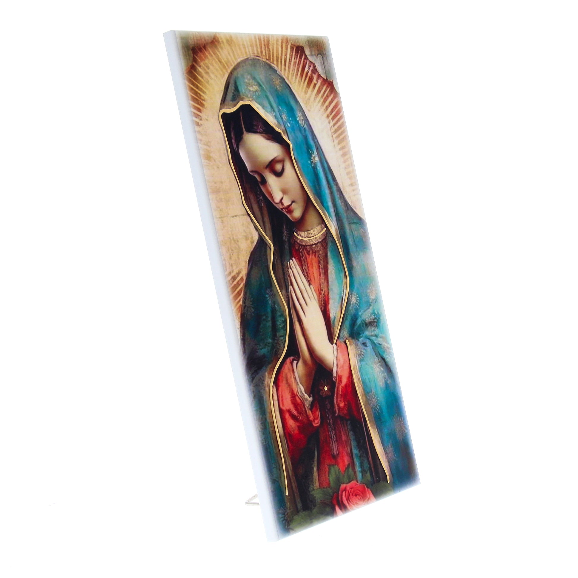 Quadro in legno Madonna di Guadalupe con dettagli dorati. Dimensione 18x36 cm