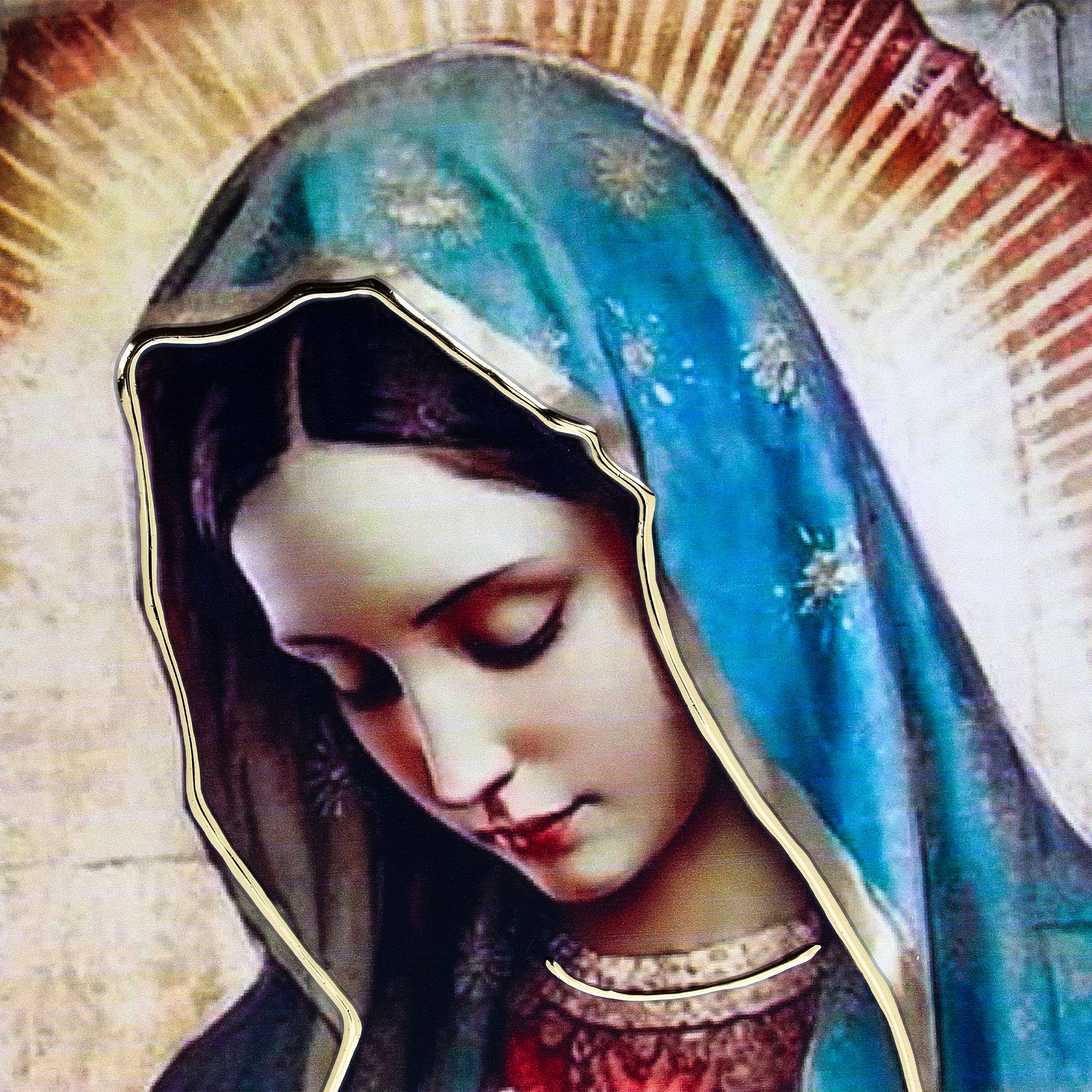 Quadro in legno Madonna di Guadalupe con dettagli dorati. Dimensione 18x36 cm