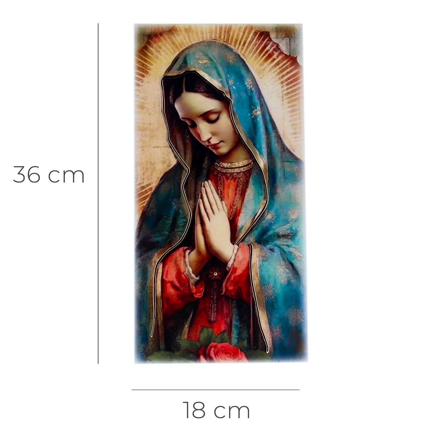 Quadro in legno Madonna di Guadalupe con dettagli dorati. Dimensione 18x36 cm