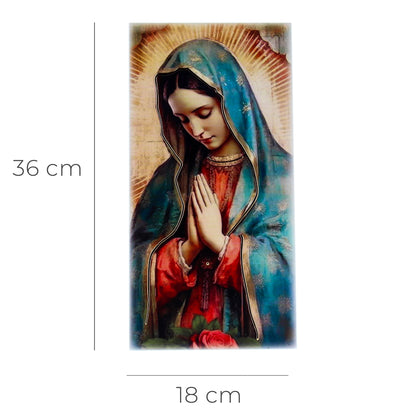 Quadro in legno Madonna di Guadalupe con dettagli dorati. Dimensione 18x36 cm