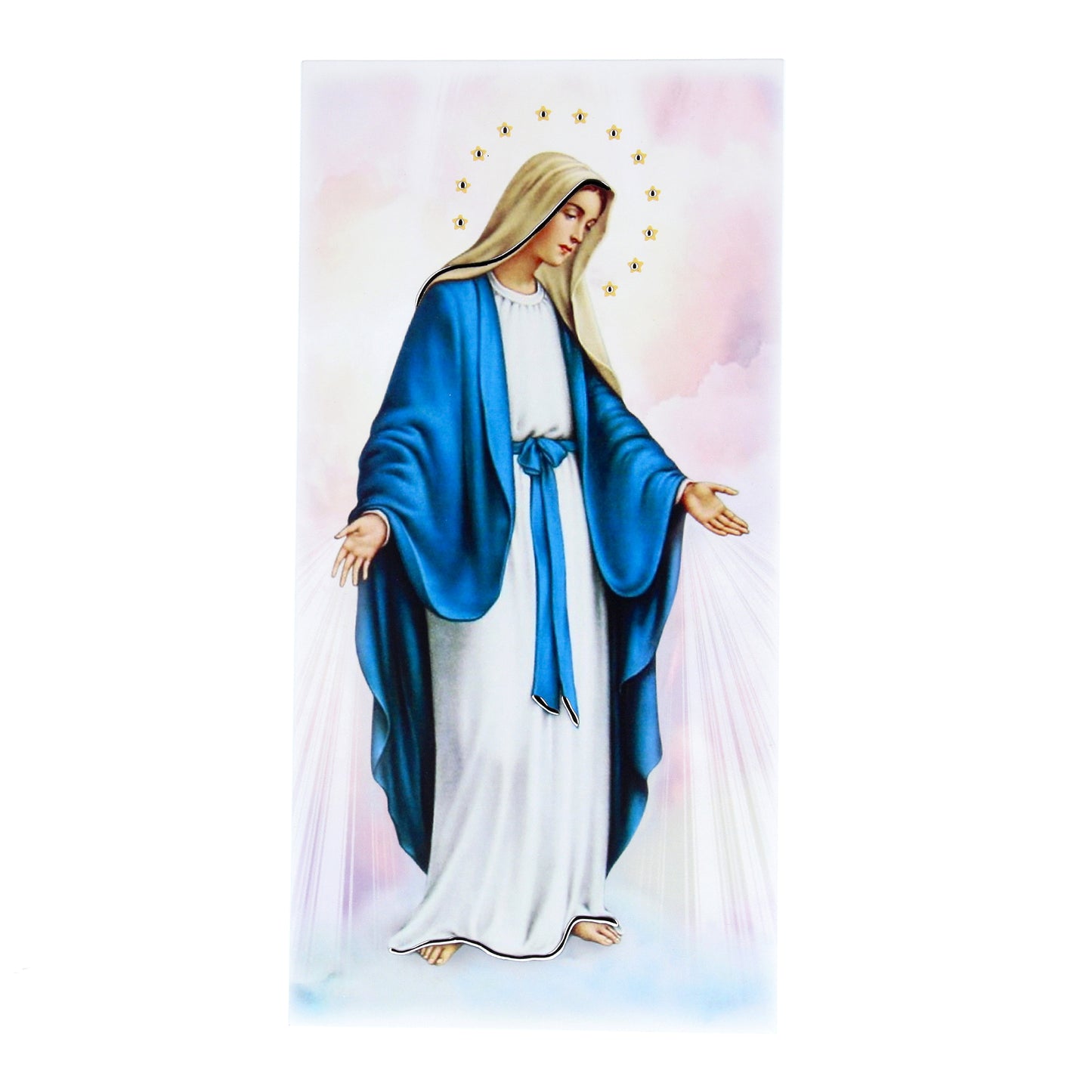 Quadro in legno Madonna Miracolosa con dettagli argentati. Dimensione 18x36 cm