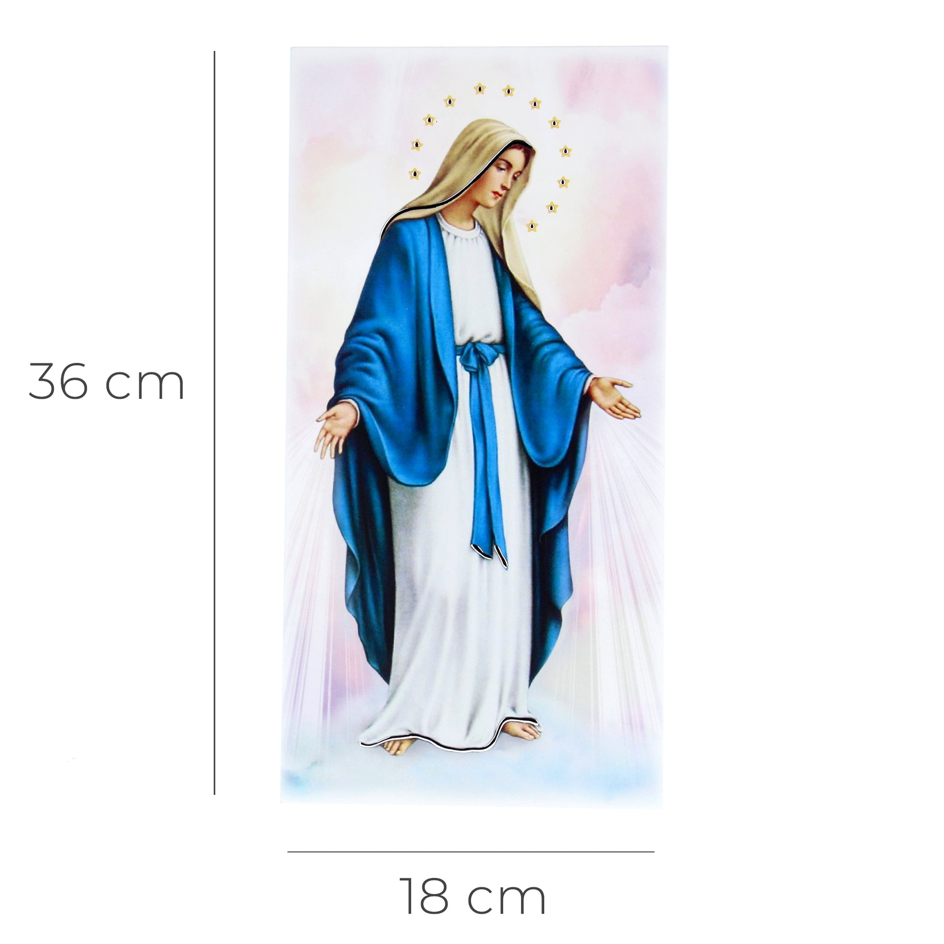 Quadro in legno Madonna Miracolosa con dettagli argentati. Dimensione 18x36 cm
