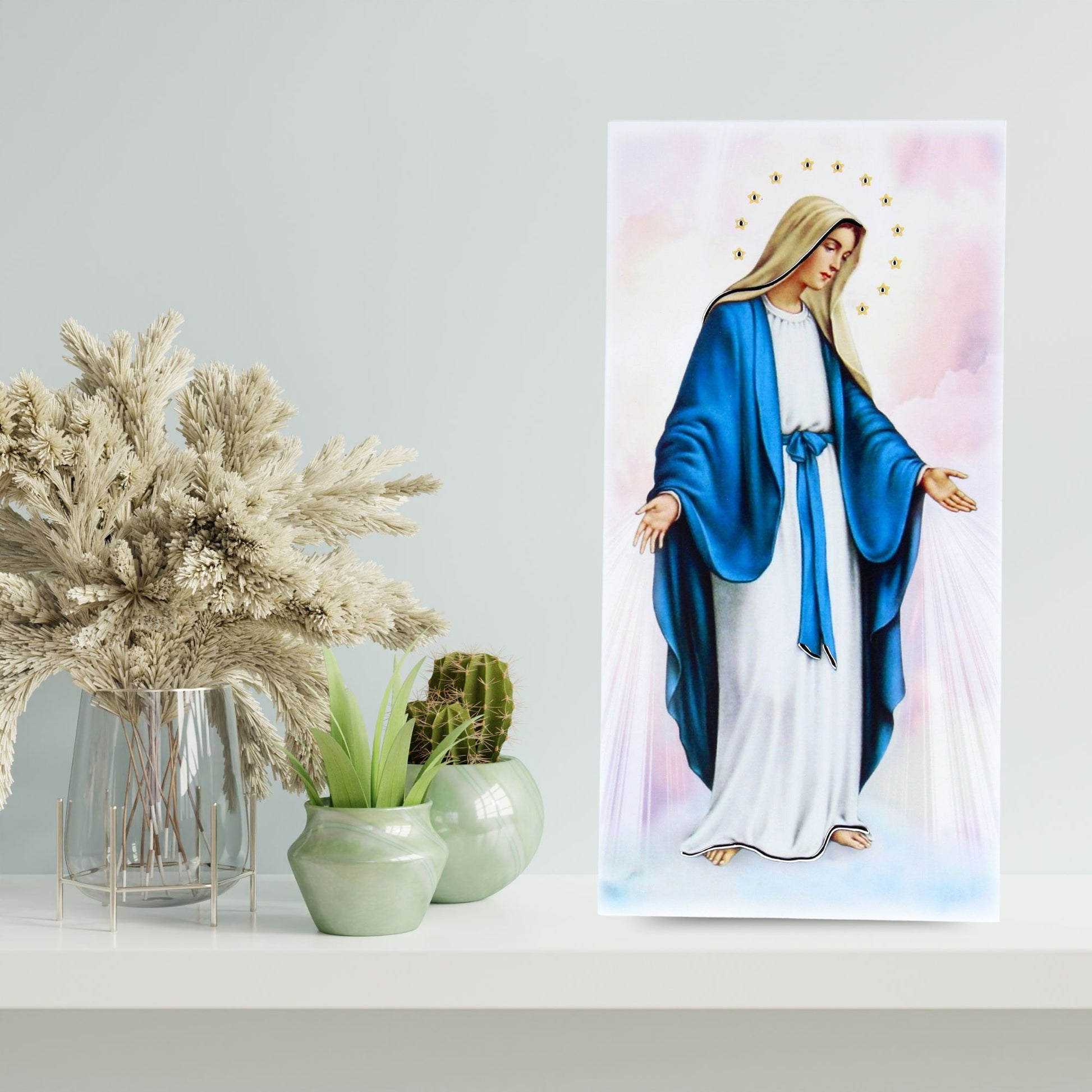 Quadro in legno Madonna Miracolosa con dettagli argentati. Dimensione 18x36 cm