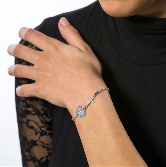 Bracciale doppia maglia coreana croce e cuore con zirconi in argento 925 rodiato  lunghezza cm. 17+3