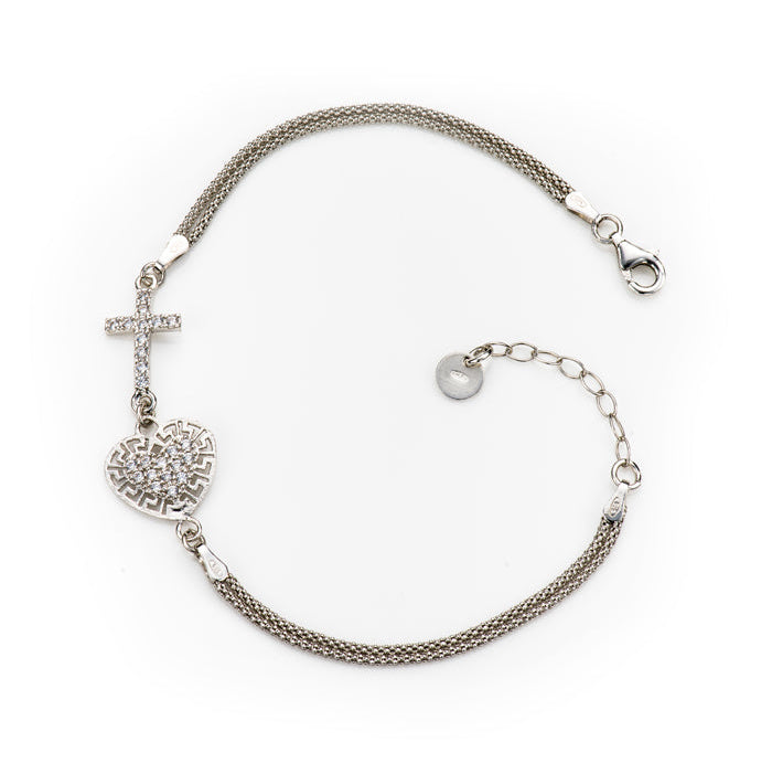 Bracciale doppia maglia coreana croce e cuore con zirconi in argento 925 rodiato  lunghezza cm. 17+3