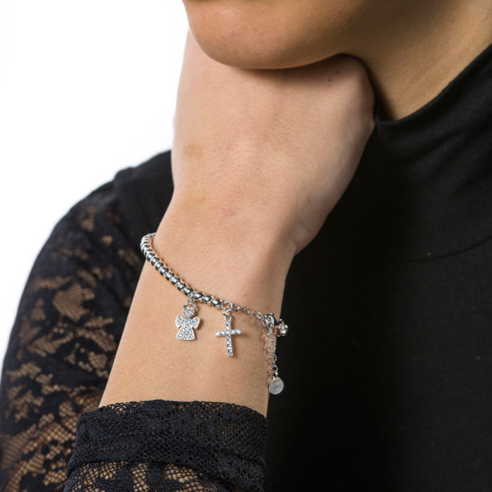 Bracciale sfere ciondoli Angelo e croce con zirconi in argento 925 rodiato. Lunghezza 17+3 cm.