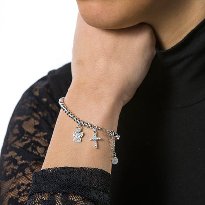 Bracciale sfere ciondoli Angelo e croce con zirconi in argento 925 rodiato. Lunghezza 17+3 cm.
