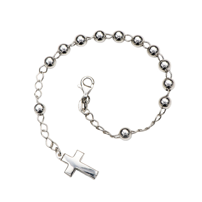 Bracciale Decina del Rosario sfere 6 mm. e croce in argento 925 rodiato. Lunghezza 17,5+2 cm.