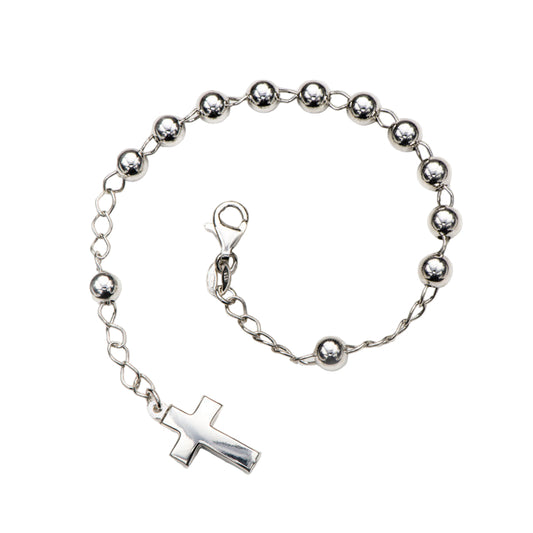 Bracciale Decina del Rosario sfere 6 mm. e croce in argento 925 rodiato. Lunghezza 17,5+2 cm.
