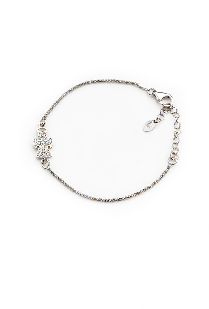 Bracciale maglia coreana Angelo con zirconi in argento 925 rodiato. Lunghezza 17+3 cm