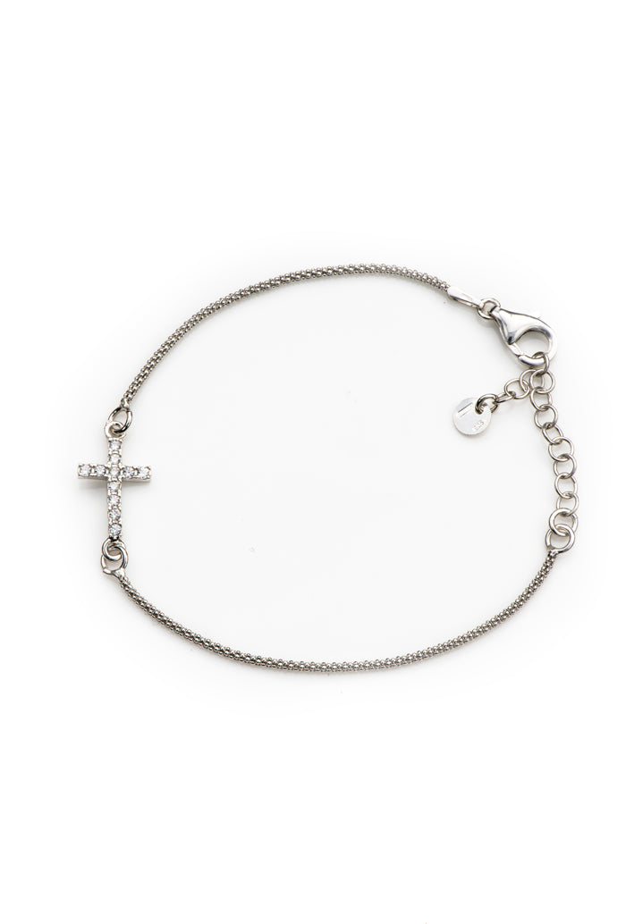 Bracciale maglia coreana croce con zirconi in argento 925 rodiato. Lunghezza 17+3 cm.