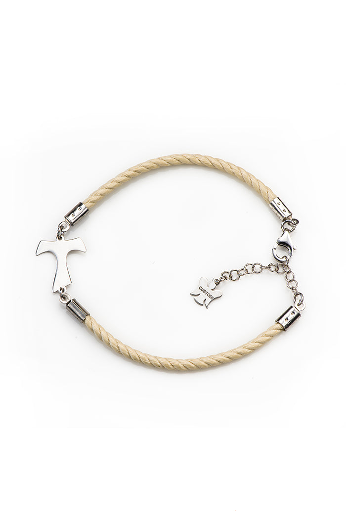 Bracciale in cordone e Tau argento 925 rodiato. Lunghezza 17+3 cm