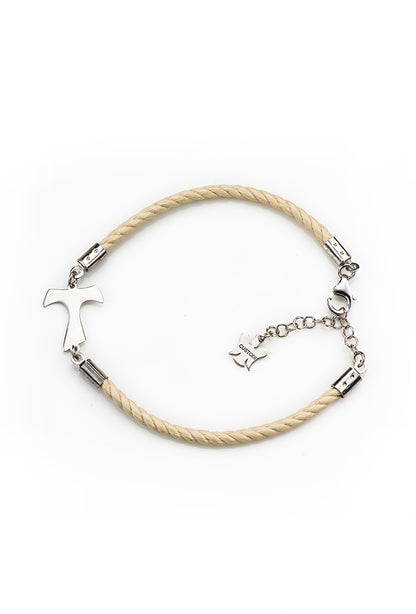 Bracciale in cordone e Tau argento 925 rodiato. Lunghezza 17+3 cm