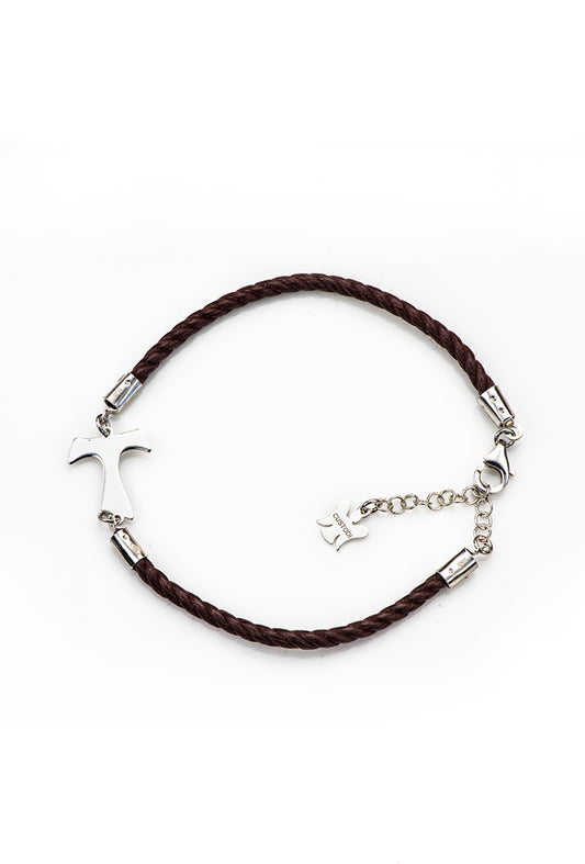 Bracciale in cordone e Tau argento 925 rodiato. Lunghezza 17+3 cm