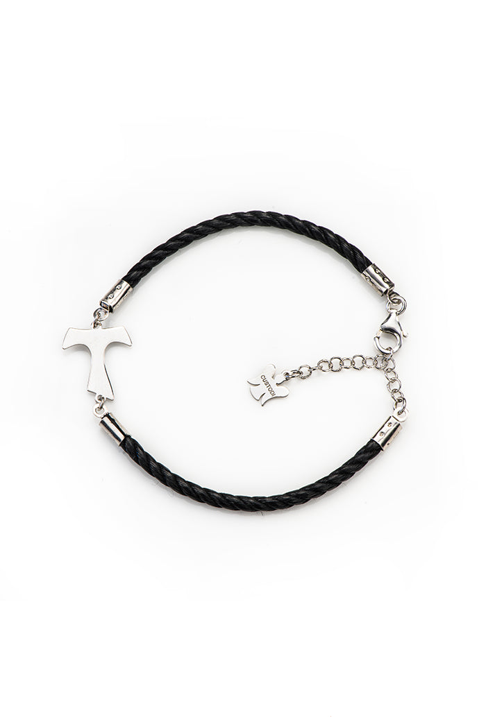 Bracciale in cordone e Tau argento 925 rodiato. Lunghezza 17+3 cm