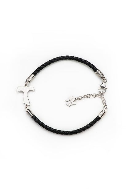 Bracciale in cordone e Tau argento 925 rodiato. Lunghezza 17+3 cm