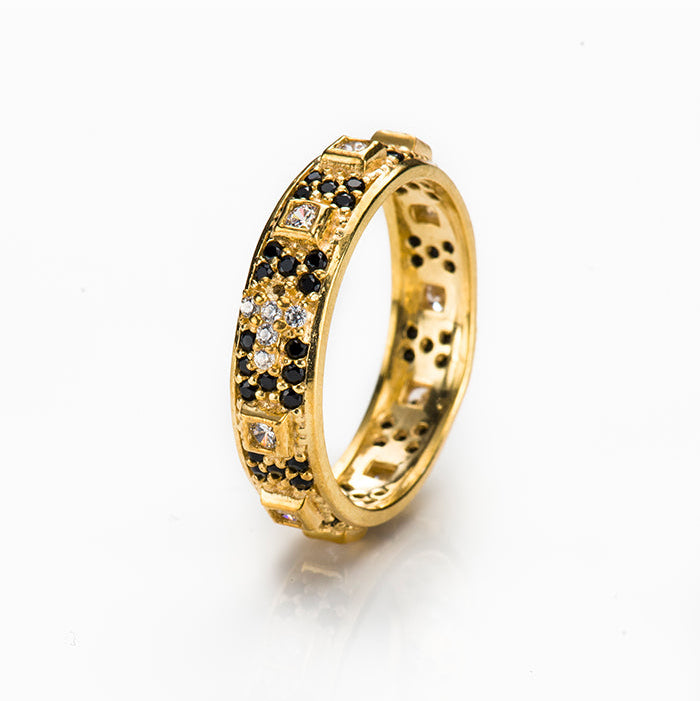 Anello Decina Rosario con zirconi neri e bianchi in argento 925 rodiato dorato. Misure varie