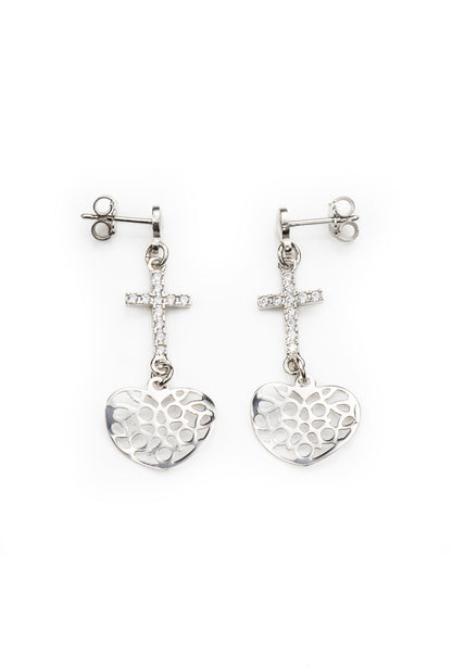 Orecchini pendente cuore traforato e croce con zirconi in argento 925 rodiato. Dimensioni 1x2,5 cm