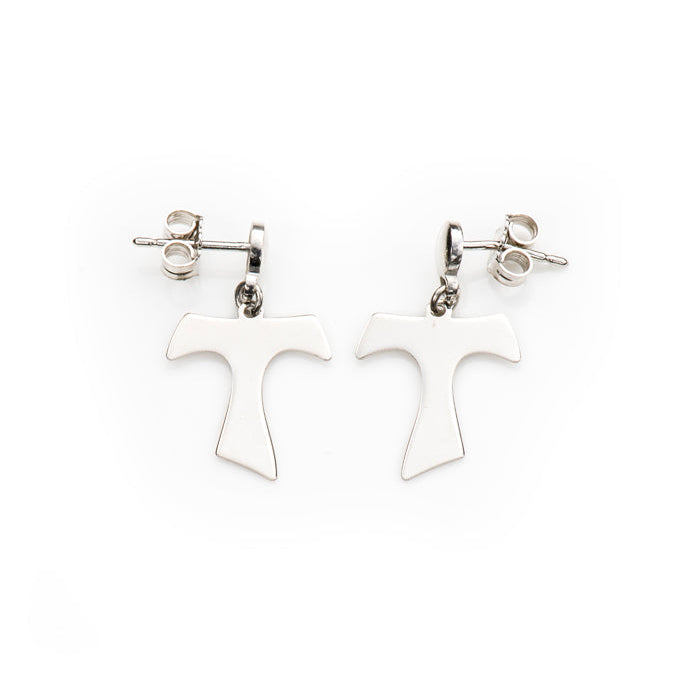 Orecchini pendente Tau in argento 925 rodiato. Dimensioni 1,5x1,5 cm
