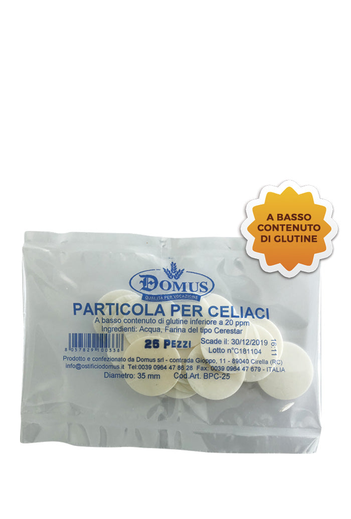 Particola per celiaci a basso contenuto di glutine. Diametro 35 mm. Confezionate in buste da 25 pezzi