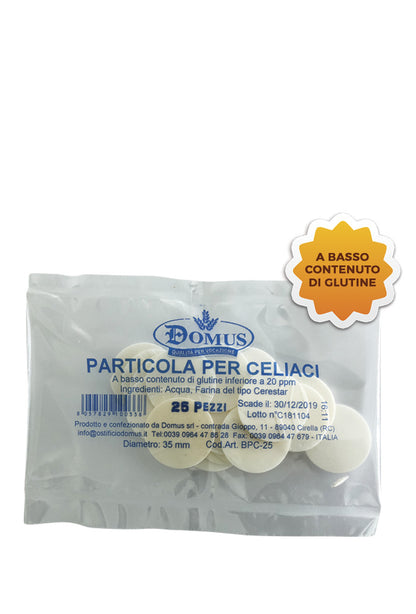 Particola per celiaci a basso contenuto di glutine. Diametro 35 mm. Confezionate in buste da 25 pezzi
