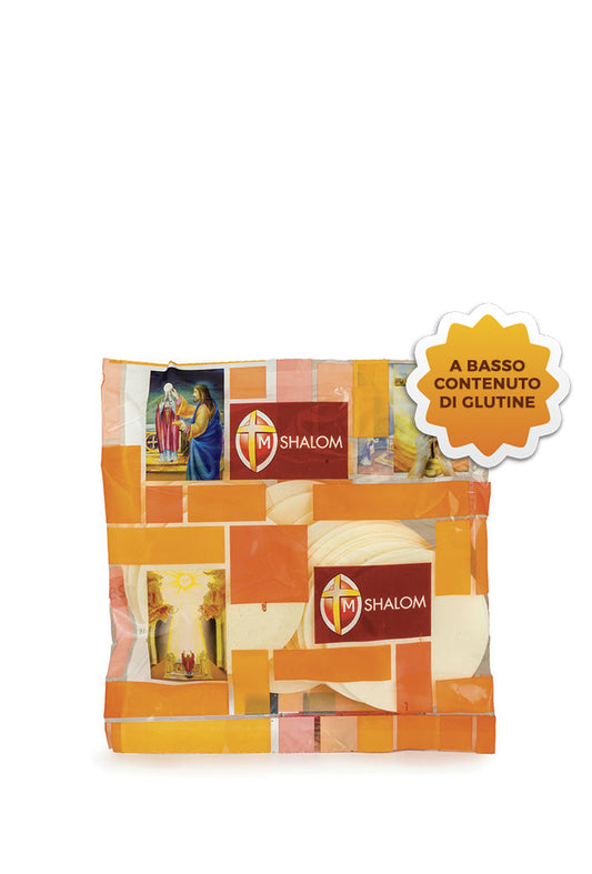 Particola per celiaci a basso contenuto di glutine. Diametro 35 mm. Confezionate in buste da 25 pezzi