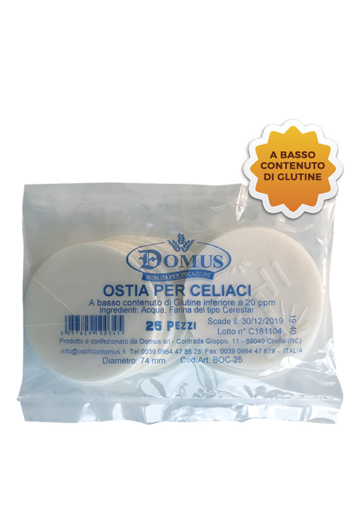 Ostia per celiaci a basso contenuto di glutine.
Diametro 7,4 cm. Confezionate in buste da 25 pezzi