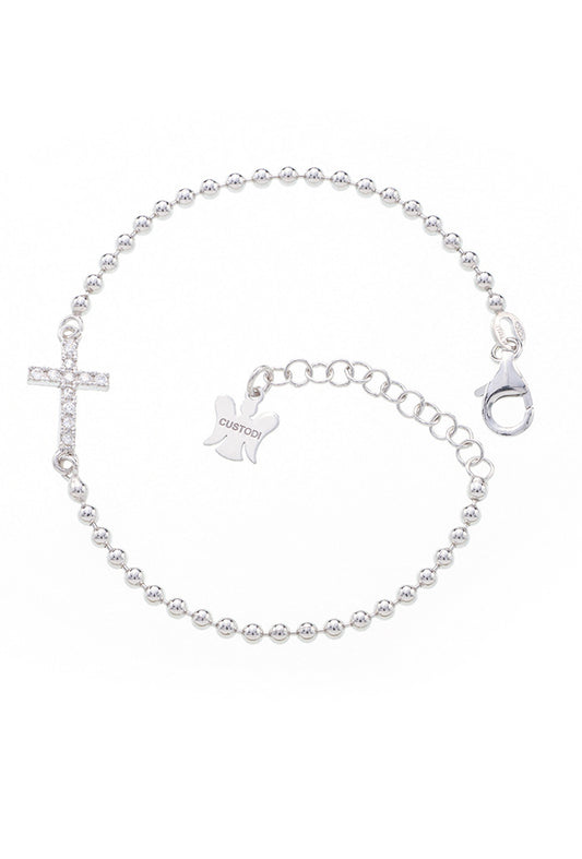 Bracciale mini sfere e Croce con zirconi in argento 925 rodiato. Lunghezza  17+3 cm.