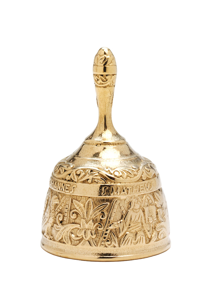 Campanella dorata con raffigurazione dei quattro Evangelisti. Dimensioni 4x12,5 cm