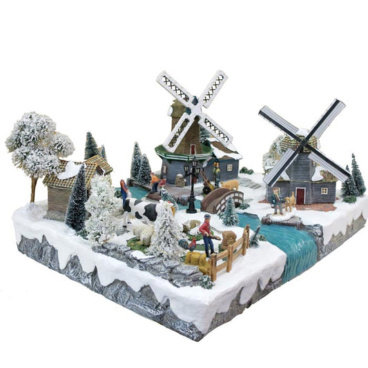Villaggio Natalizio "Mulini a vento" animato da luci, suoni e movimenti. Dimensioni 33x54x24 cm