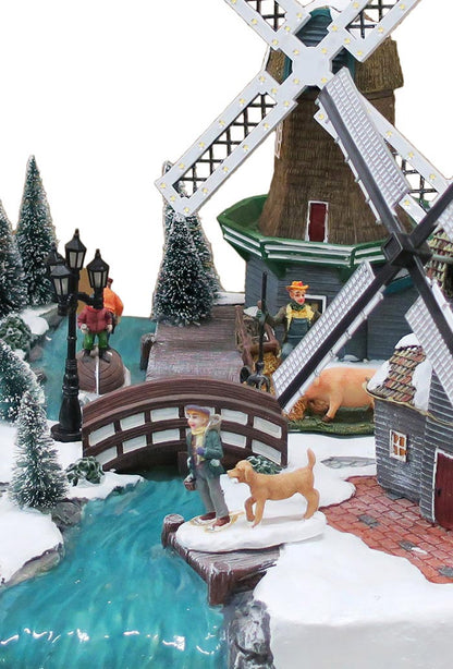 Villaggio Natalizio "Mulini a vento" animato da luci, suoni e movimenti. Dimensioni 33x54x24 cm
