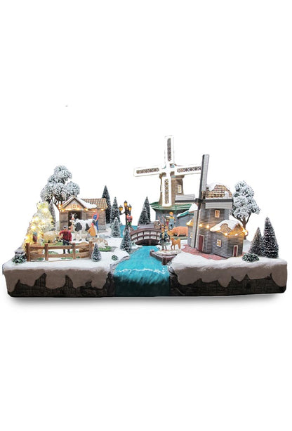 Villaggio Natalizio "Mulini a vento" animato da luci, suoni e movimenti. Dimensioni 33x54x24 cm