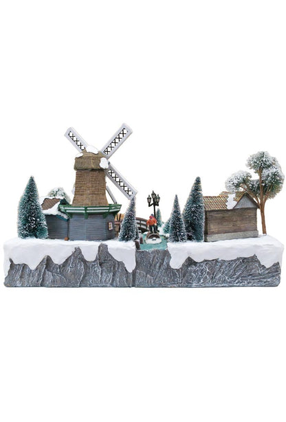 Villaggio Natalizio "Mulini a vento" animato da luci, suoni e movimenti. Dimensioni 33x54x24 cm