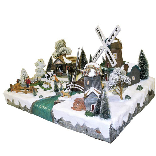 Villaggio Natalizio "Mulini a vento" animato da luci, suoni e movimenti. Dimensioni 33x54x24 cm