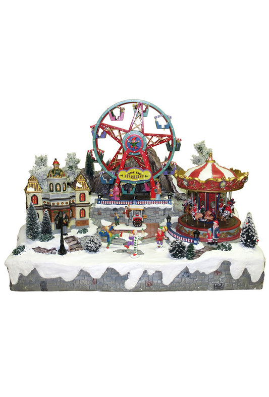 Villaggio Natalizio "Giostra e ruota panoramica" animato da luci, suoni e movimenti. Dimensioni 45x59x35 cm