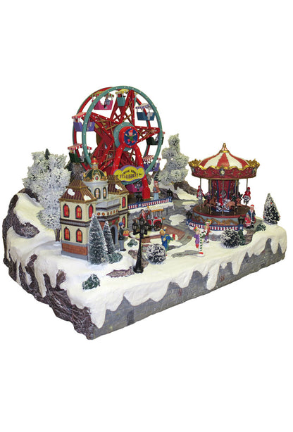 Villaggio Natalizio "Giostra e ruota panoramica" animato da luci, suoni e movimenti. Dimensioni 45x59x35 cm