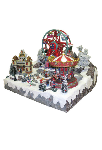 Villaggio Natalizio "Giostra e ruota panoramica" animato da luci, suoni e movimenti. Dimensioni 45x59x35 cm