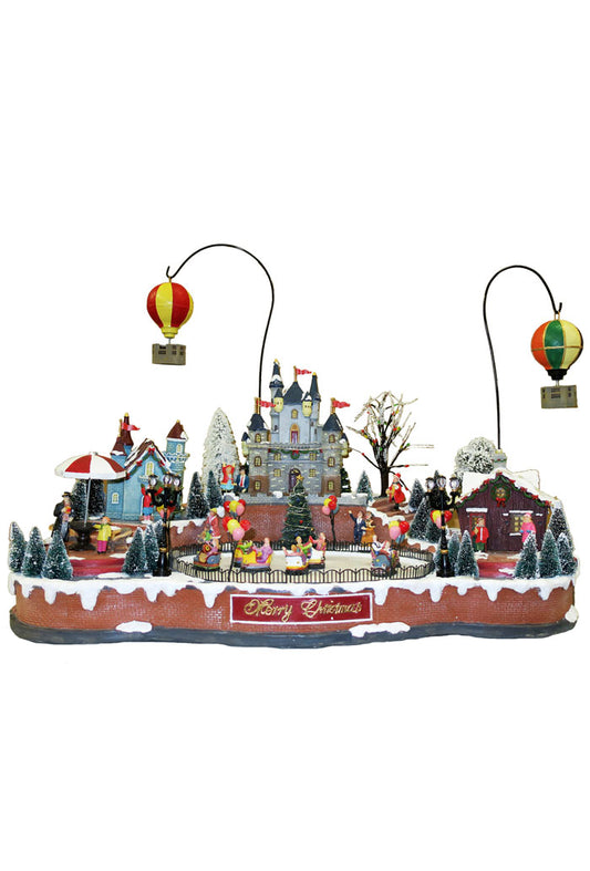 Villaggio Natalizio "Mongolfiere in volo" animato da luci, suoni e movimenti. Dimensioni 45x62x44 cm