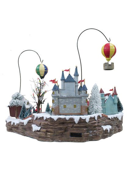 Villaggio Natalizio "Mongolfiere in volo" animato da luci, suoni e movimenti. Dimensioni 45x62x44 cm