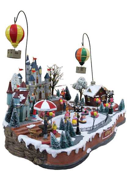Villaggio Natalizio "Mongolfiere in volo" animato da luci, suoni e movimenti. Dimensioni 45x62x44 cm