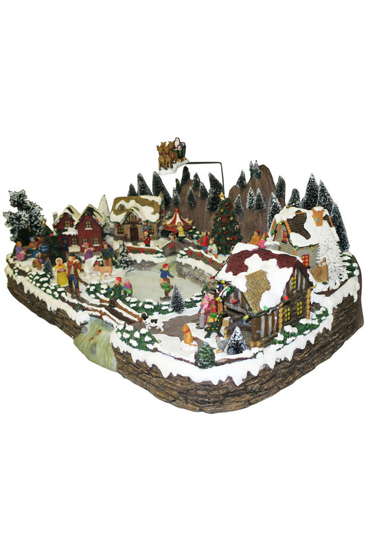 Villaggio Natalizio "Paese e Lago" animato da luci, suoni e movimenti. Dimensioni 63x28x43 cm