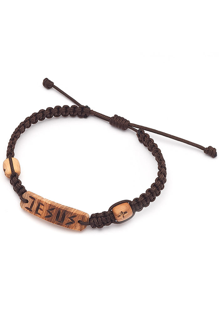 Bracciale in corda e placca in legno d'ulivo con incisa scritta Jesus