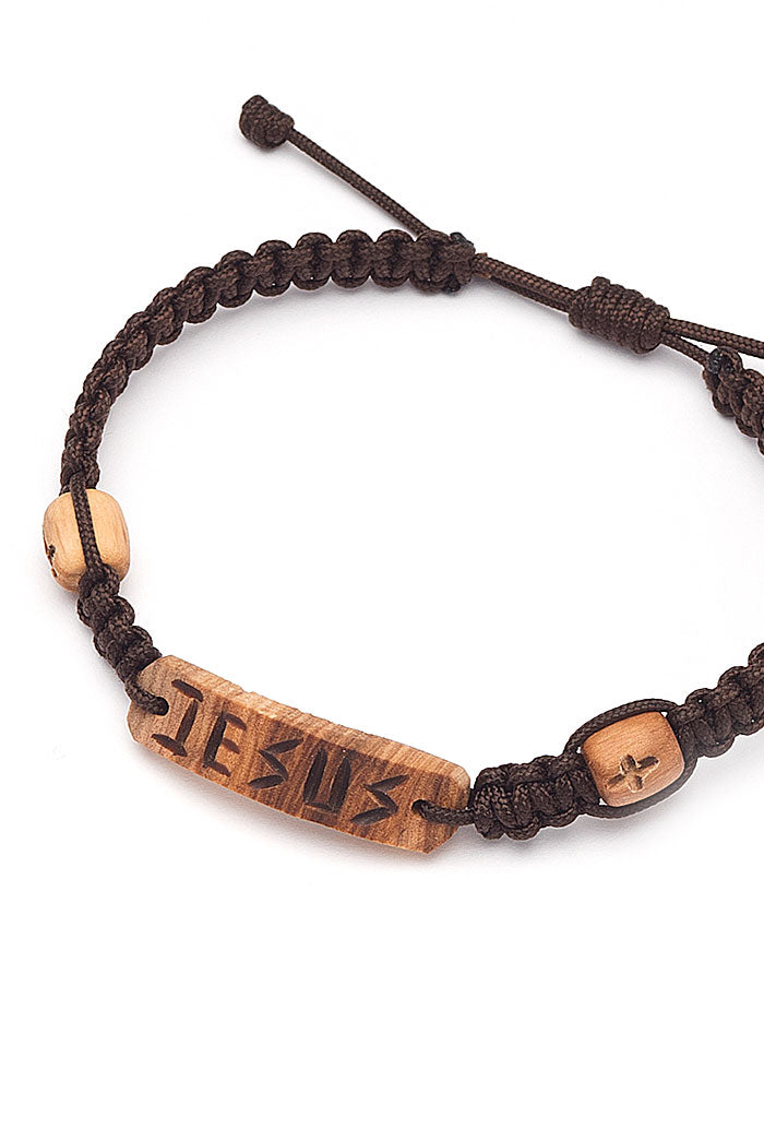 Bracciale in corda e placca in legno d'ulivo con incisa scritta Jesus
