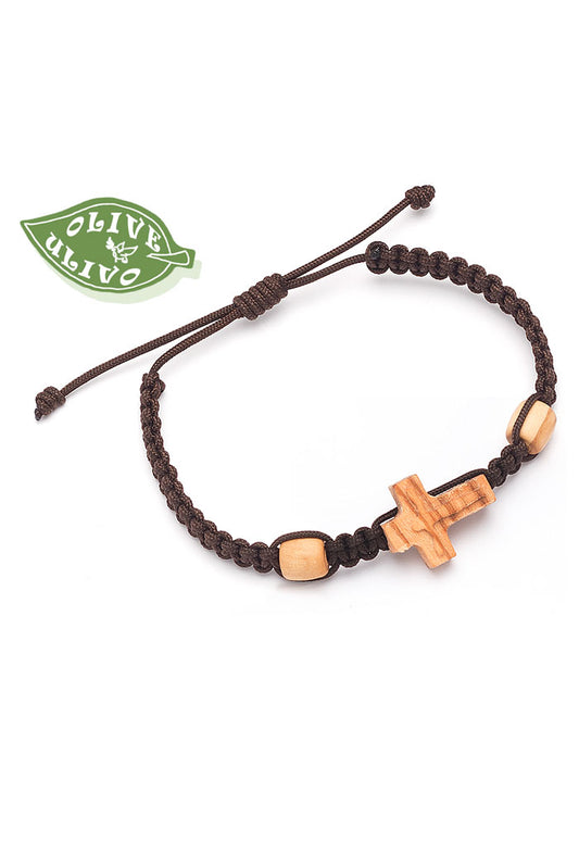 Bracciale in corda con Croce in legno d'ulivo e corpo in rilievo