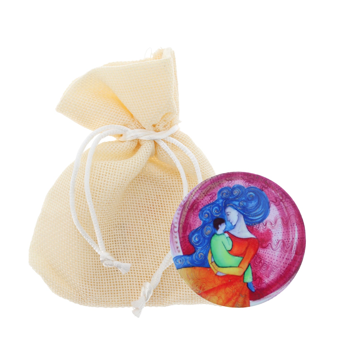Calamita in ceramica, "Mamma con bambino". Diametro 6,8 cm