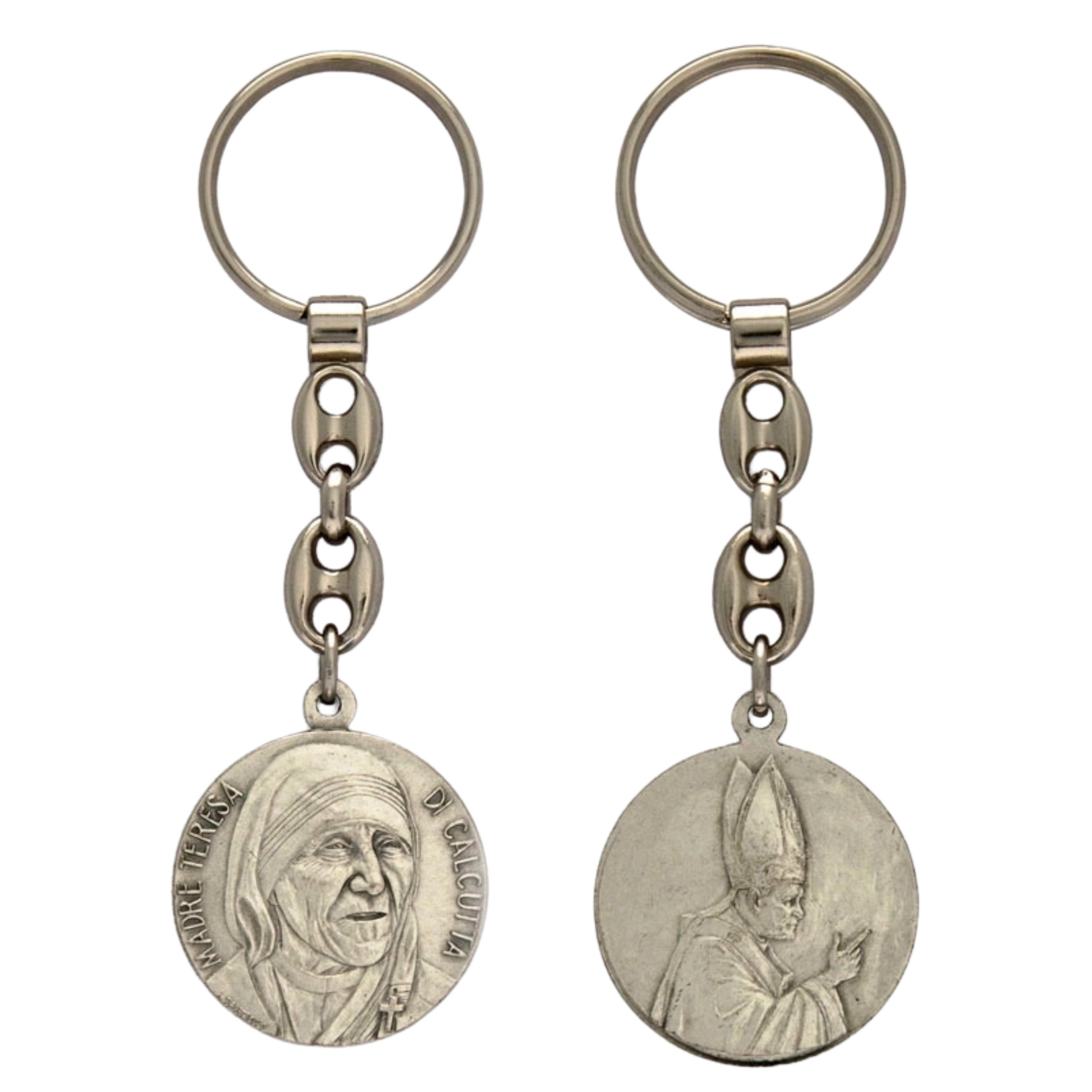 Portachiavi in metallo con madre Teresa su un lato  e San Giovanni Paolo II sull' altro 10 cm