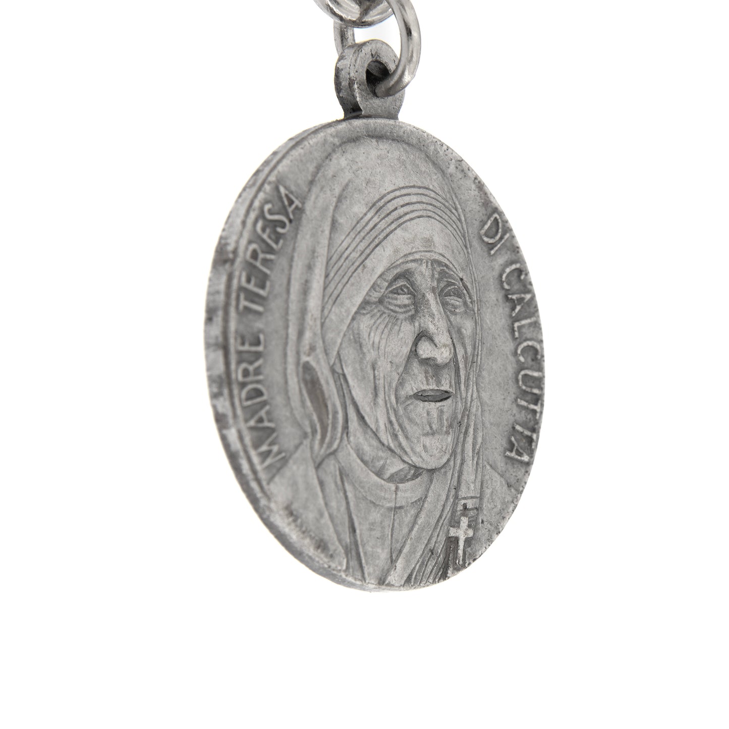 Portachiavi in metallo con madre Teresa su un lato  e San Giovanni Paolo II sull' altro 10 cm