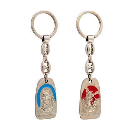 Portachiavi con immagine San Michele su un lato e Immacolata sull'altro in metallo satinato 10 cm